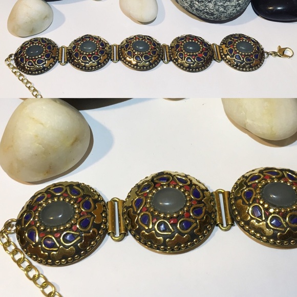 🆒 Rose Quartz Lapis Lazuli Turkish Brass Bracelet - Picture 5 of 6